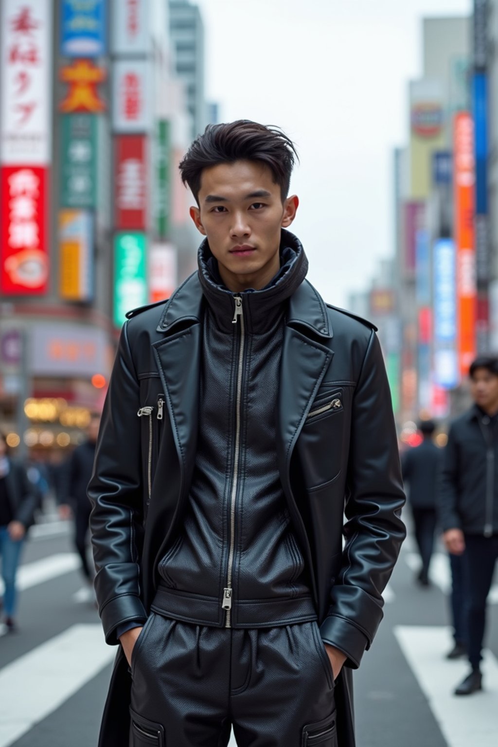 sharp and trendy man in Tokyo wearing a futuristic outfit, Shibuya crossing in the background