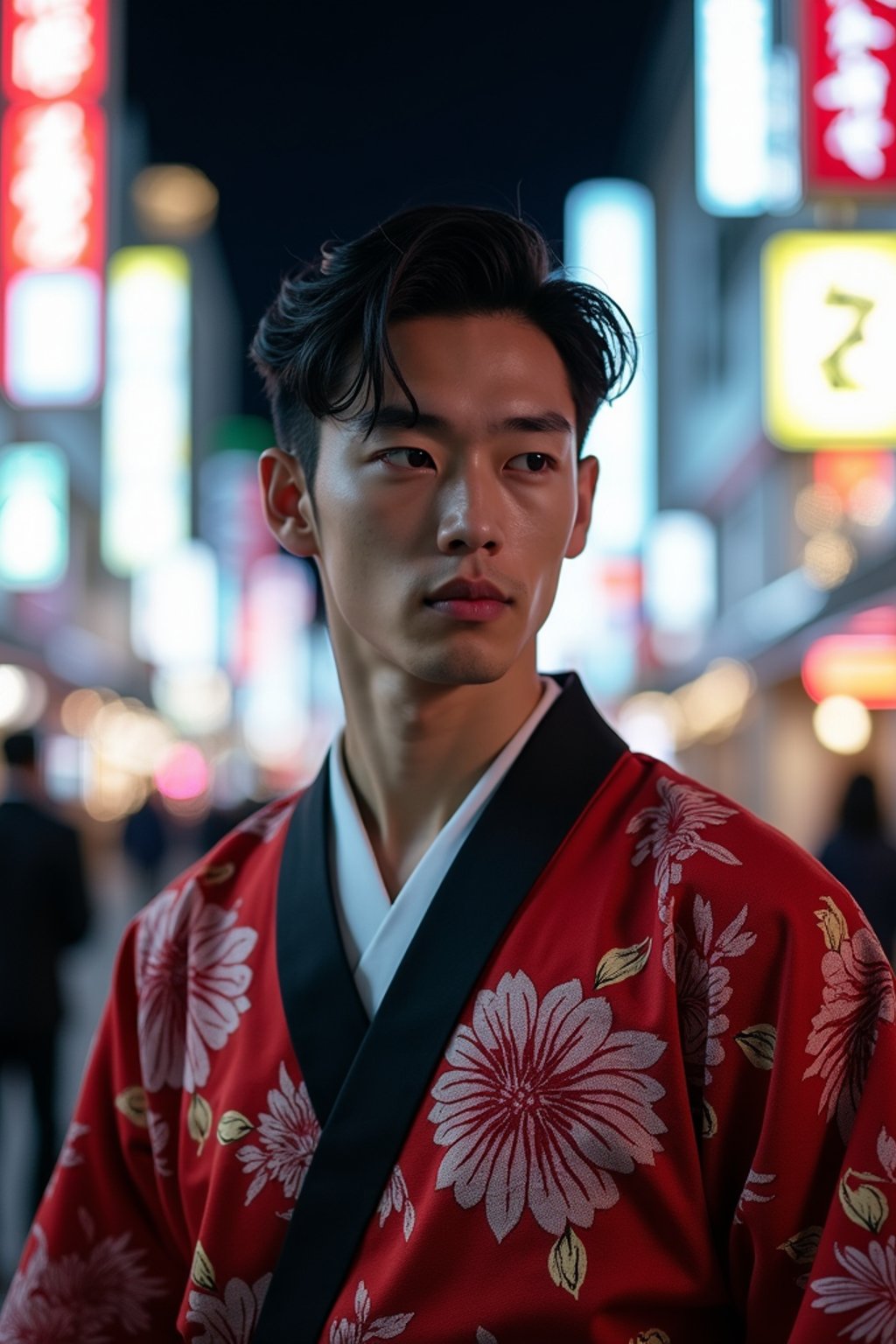 sharp and trendy man in Tokyo wearing a modern take on a traditional kimono, neon lights of the city in the background