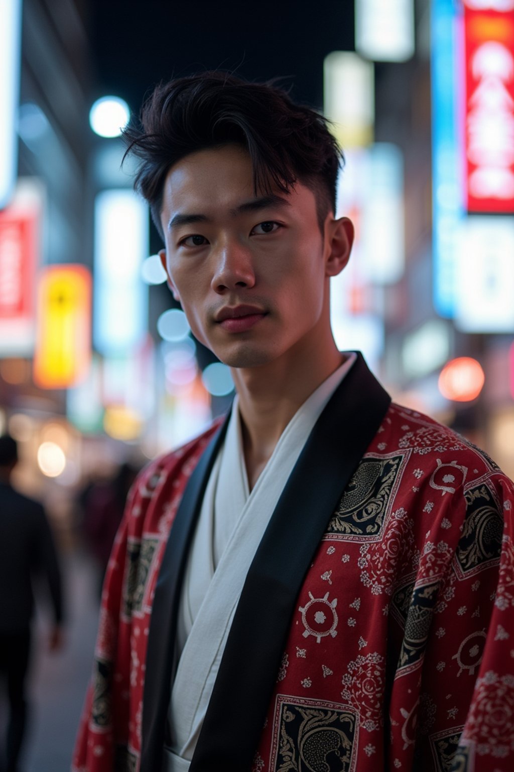 sharp and trendy man in Tokyo wearing a modern take on a traditional kimono, neon lights of the city in the background