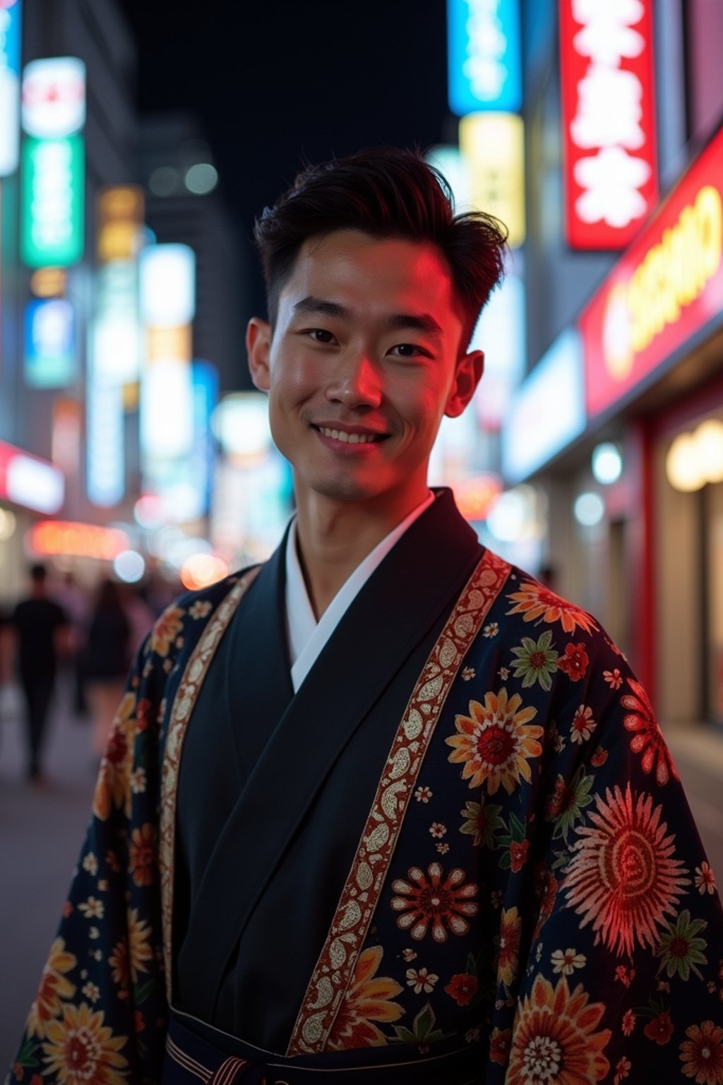 sharp and trendy man in Tokyo wearing a modern take on a traditional kimono, neon lights of the city in the background