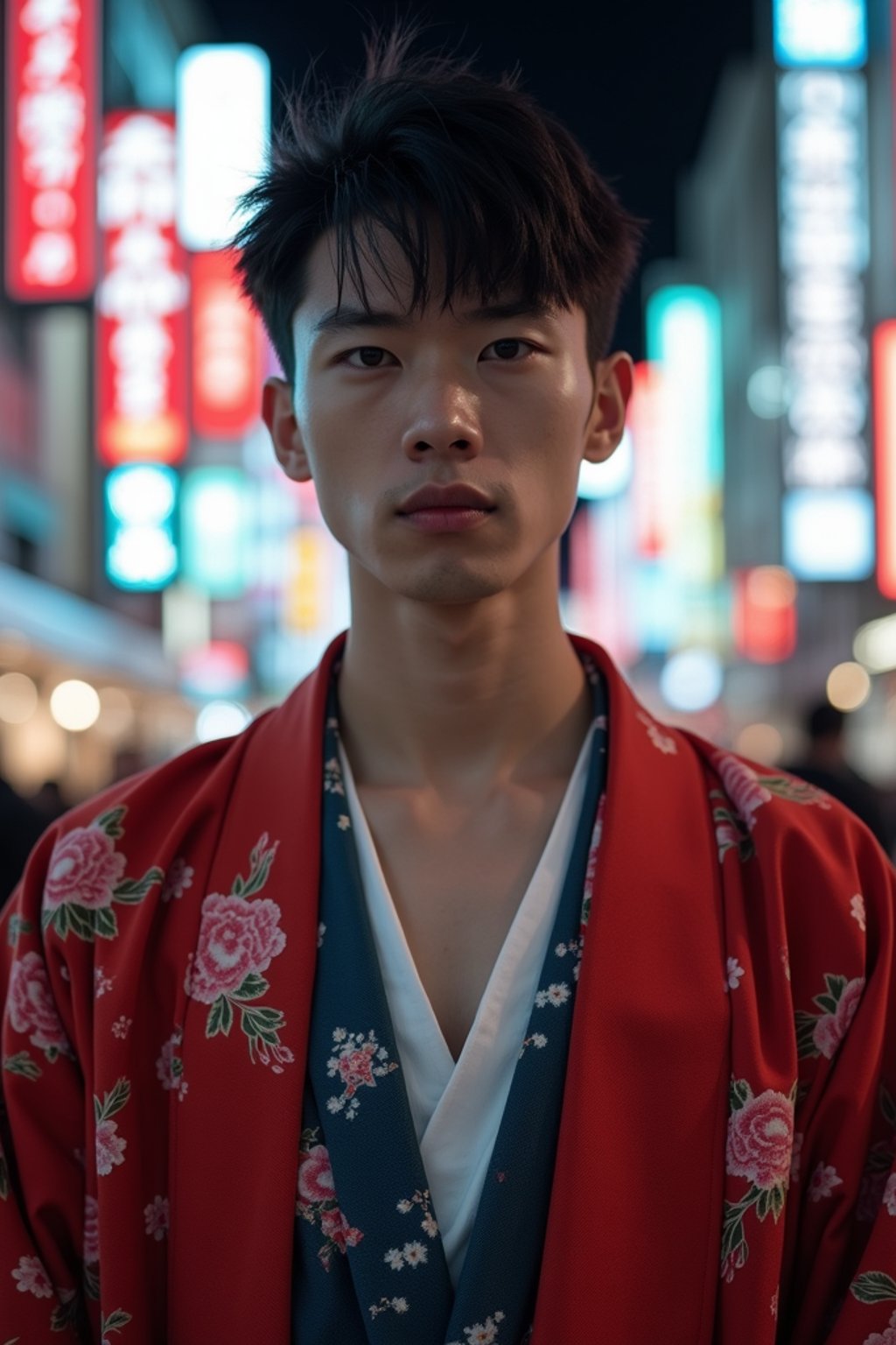 sharp and trendy man in Tokyo wearing a modern take on a traditional kimono, neon lights of the city in the background