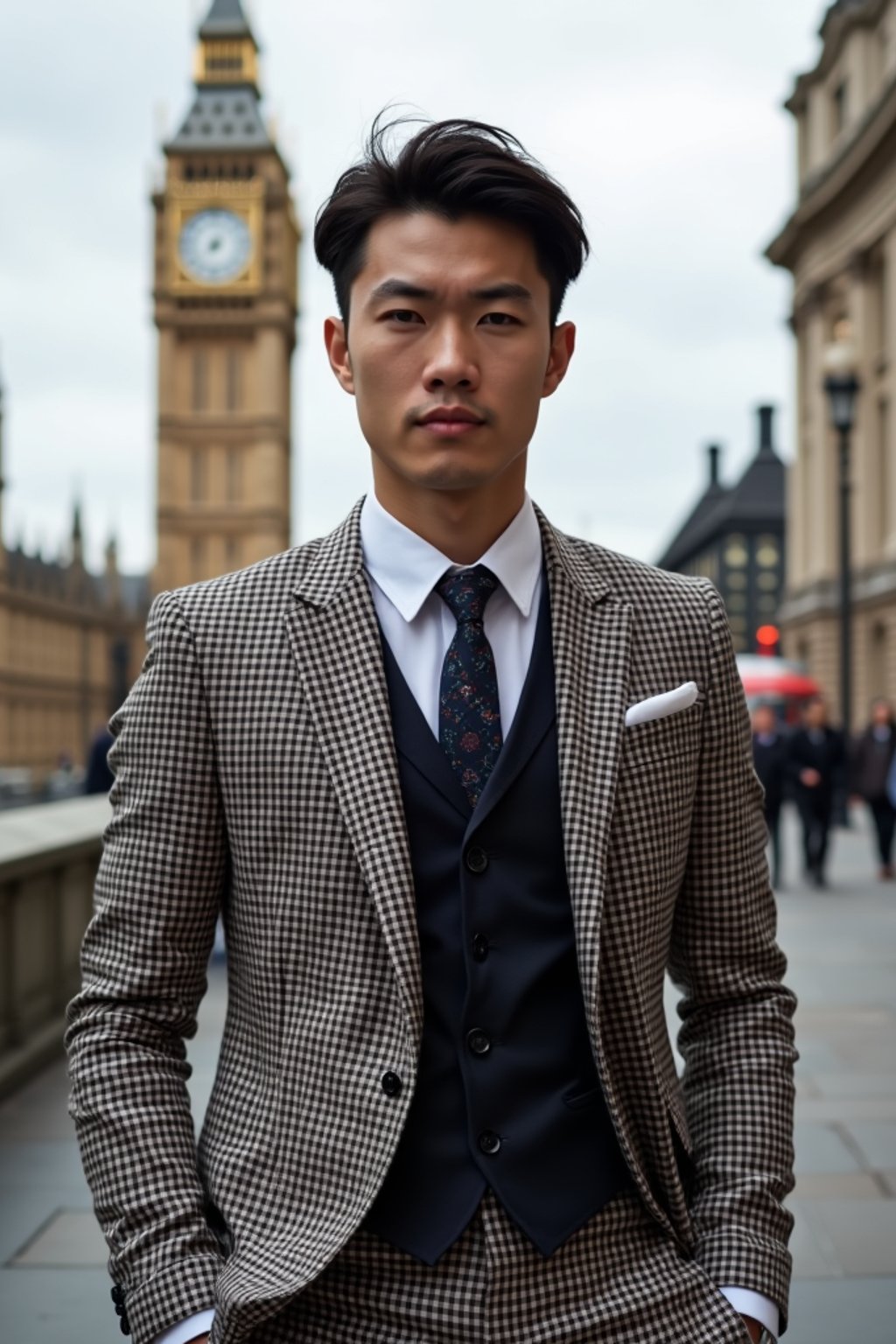 sharp and trendy man in London wearing a checkered suit, Big Ben in the background