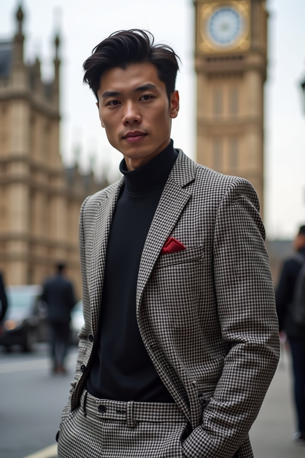 sharp and trendy man in London wearing a checkered suit, Big Ben in the background