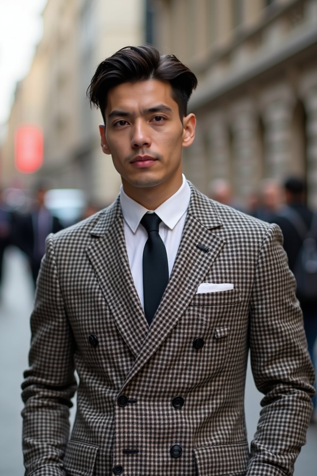 sharp and trendy man in London wearing a checkered suit, Big Ben in the background