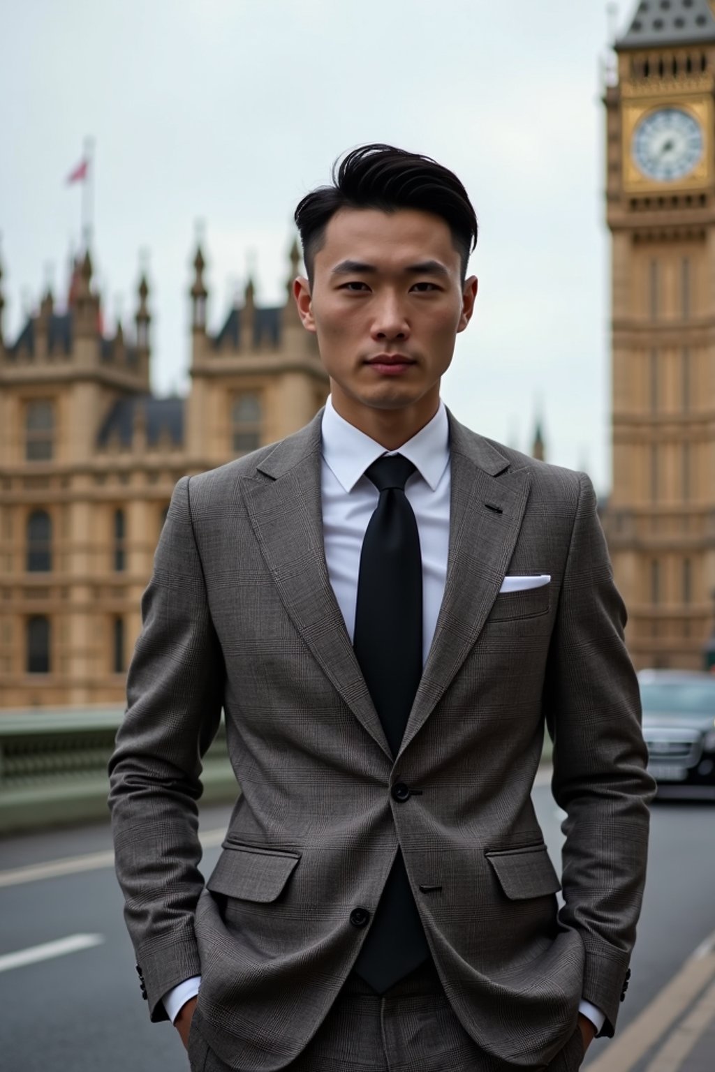 sharp and trendy man in London wearing a checkered suit, Big Ben in the background