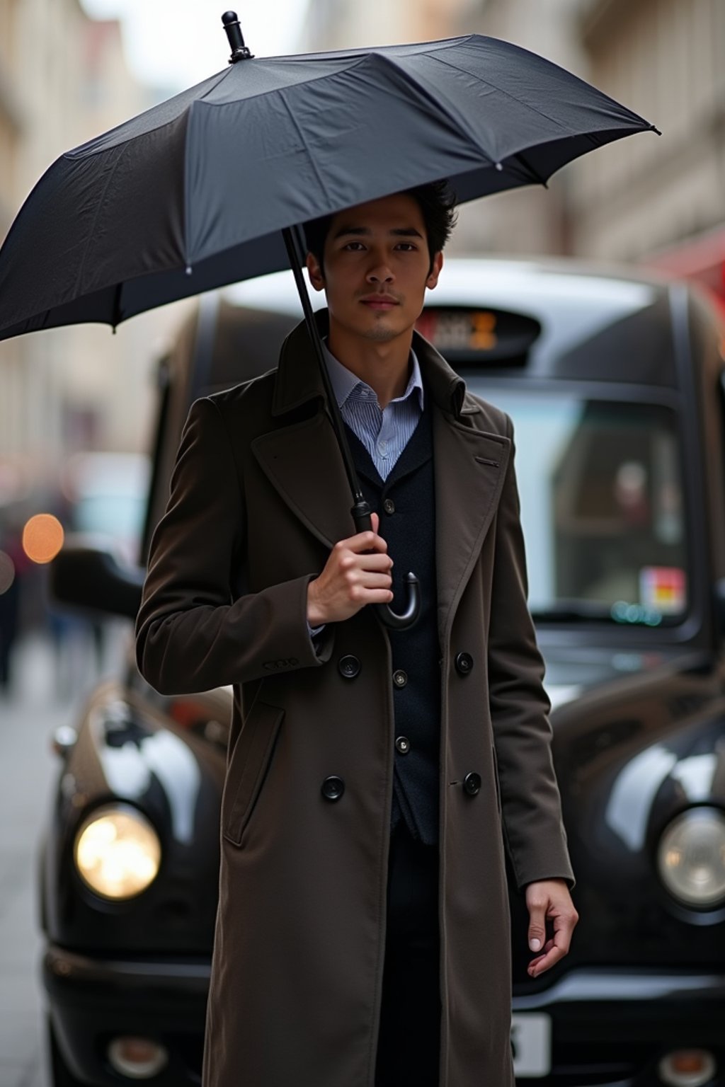 sharp and trendy man in London sporting a trench coat and holding an umbrella, iconic London cab in the background