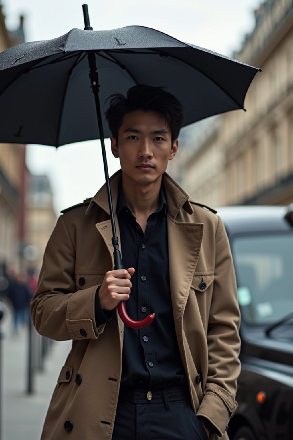 sharp and trendy man in London sporting a trench coat and holding an umbrella, iconic London cab in the background