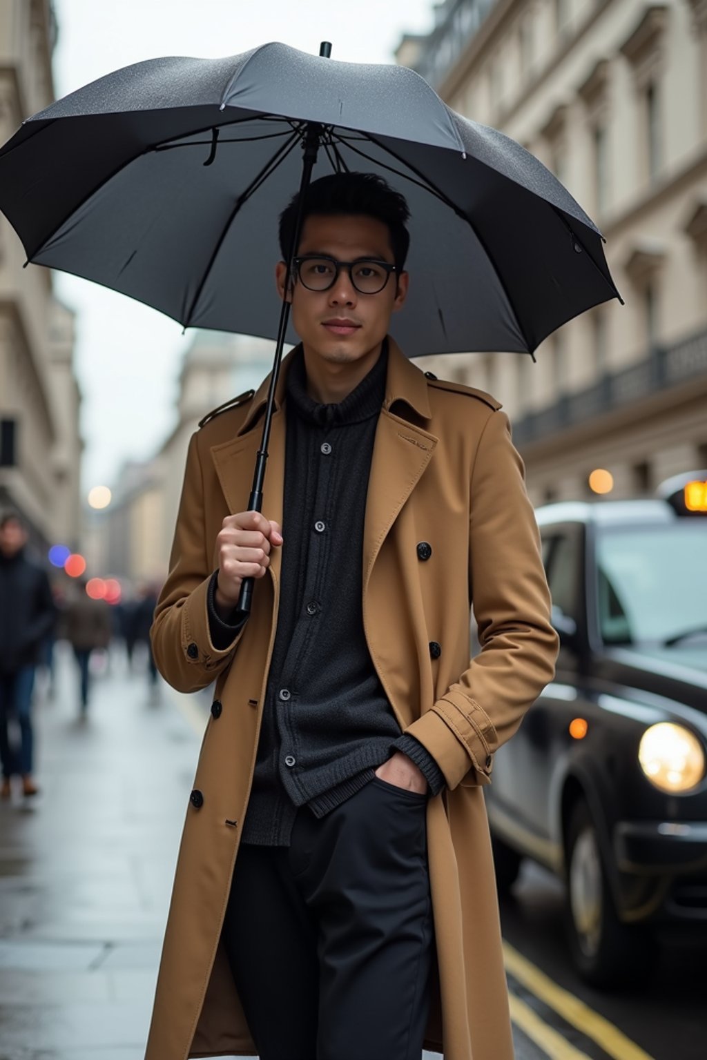 sharp and trendy man in London sporting a trench coat and holding an umbrella, iconic London cab in the background