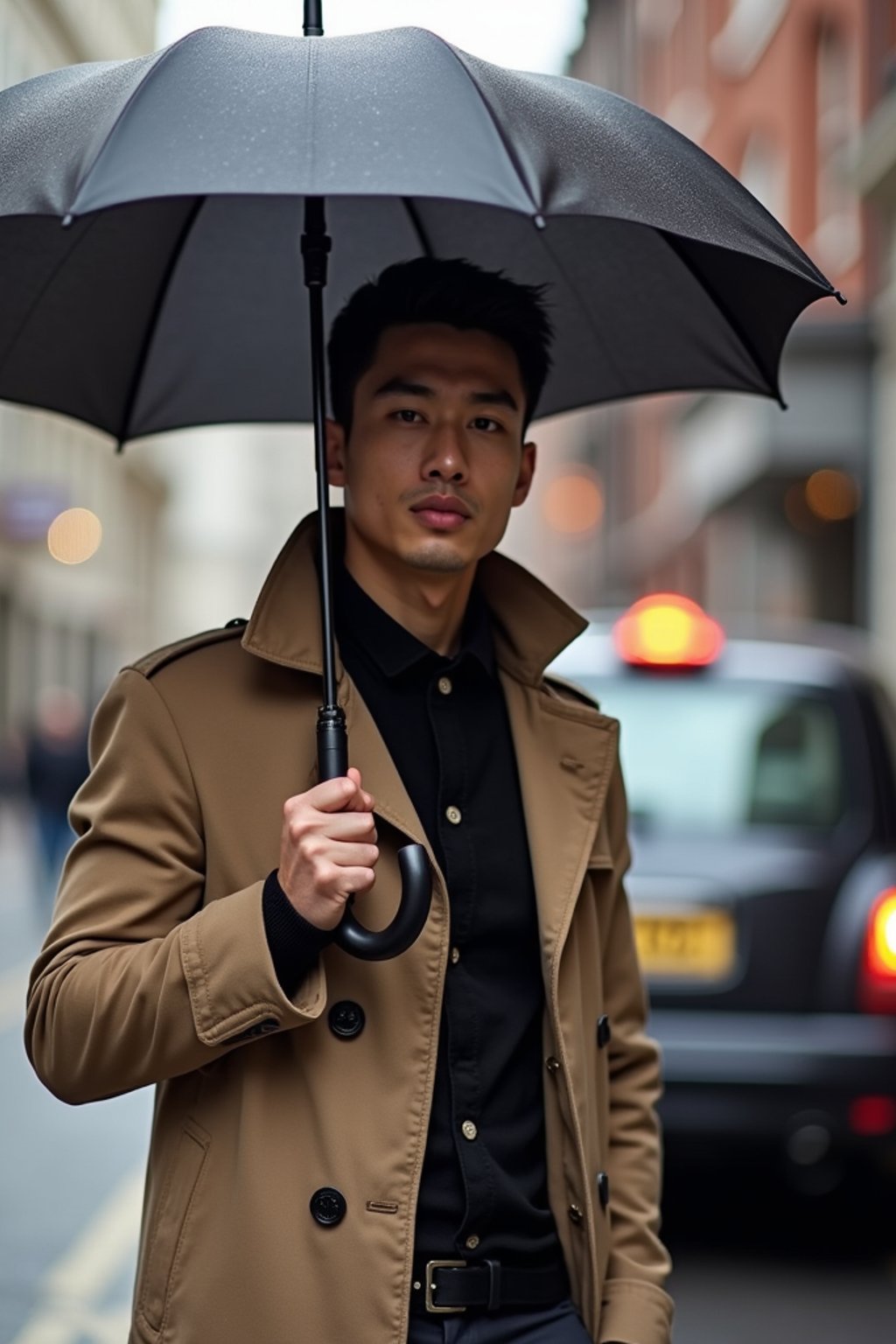 sharp and trendy man in London sporting a trench coat and holding an umbrella, iconic London cab in the background