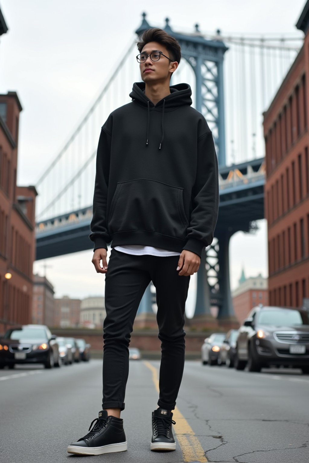 sharp and trendy man in New York City wearing an oversized sweatshirt and high top sneakers, Brooklyn Bridge in the background