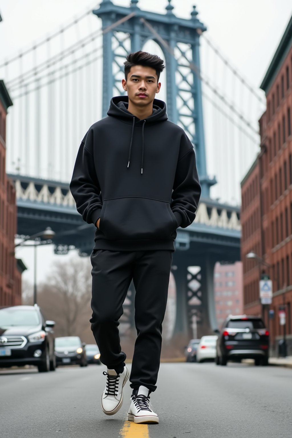 sharp and trendy man in New York City wearing an oversized sweatshirt and high top sneakers, Brooklyn Bridge in the background