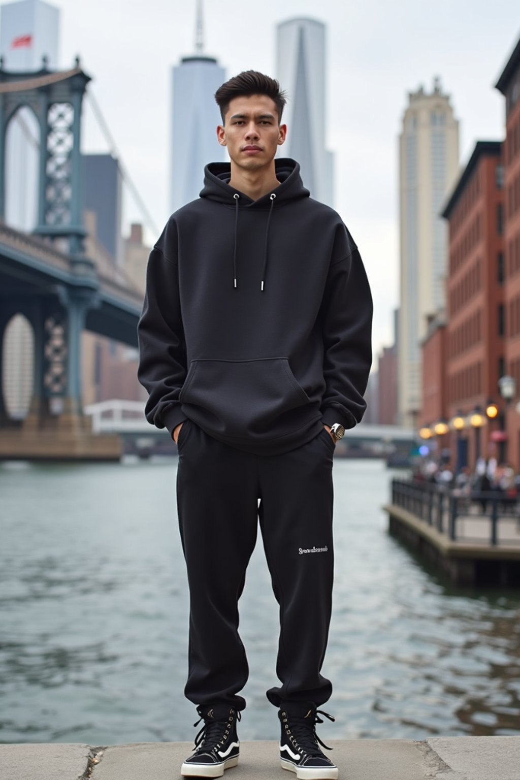 sharp and trendy man in New York City wearing an oversized sweatshirt and high top sneakers, Brooklyn Bridge in the background