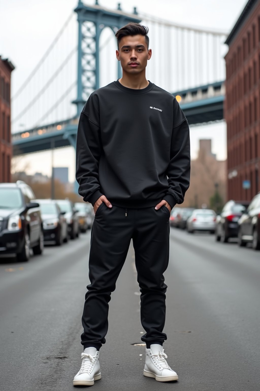 sharp and trendy man in New York City wearing an oversized sweatshirt and high top sneakers, Brooklyn Bridge in the background