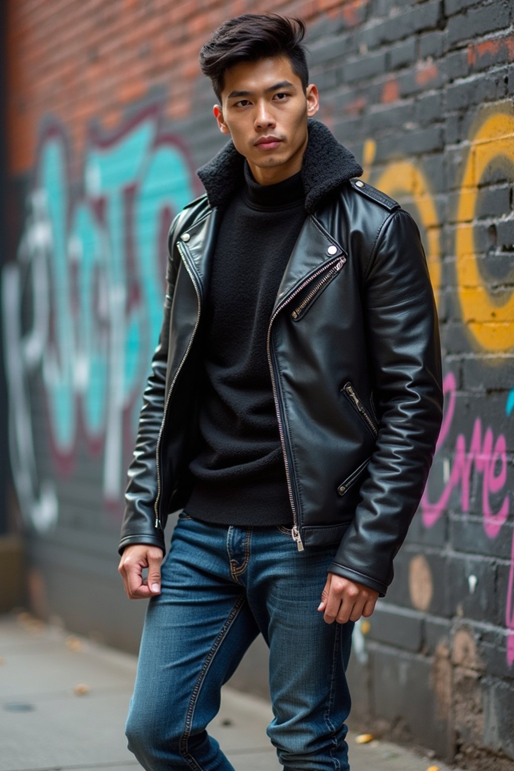 sharp and trendy man in New York City wearing a leather jacket, jeans, and boots with urban graffiti in the background