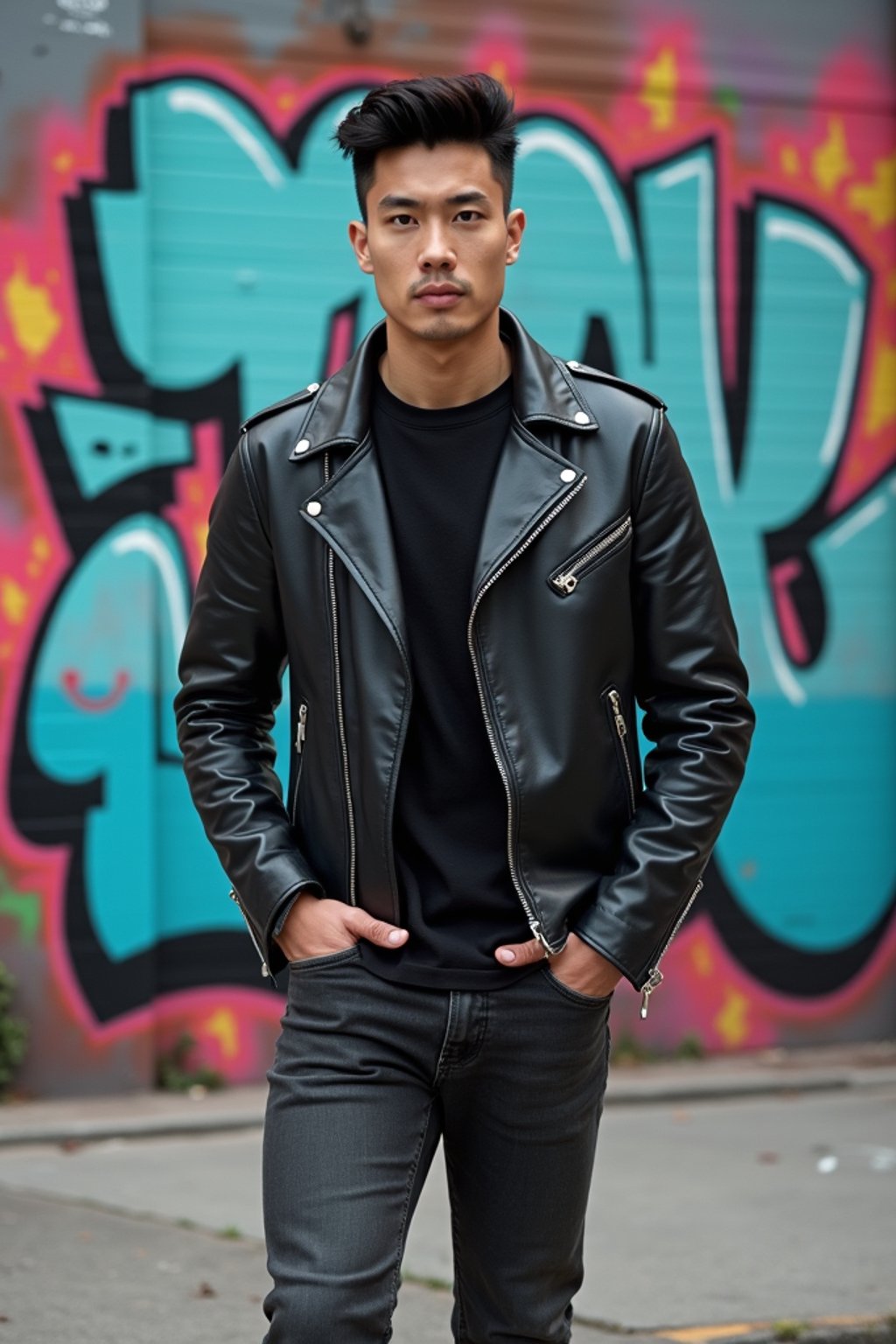 sharp and trendy man in New York City wearing a leather jacket, jeans, and boots with urban graffiti in the background