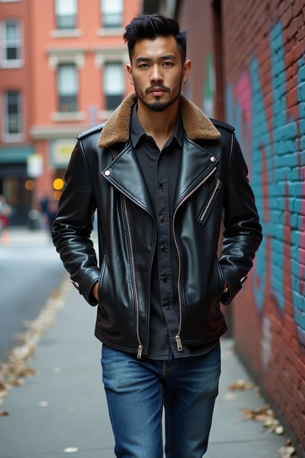 sharp and trendy man in New York City wearing a leather jacket, jeans, and boots with urban graffiti in the background