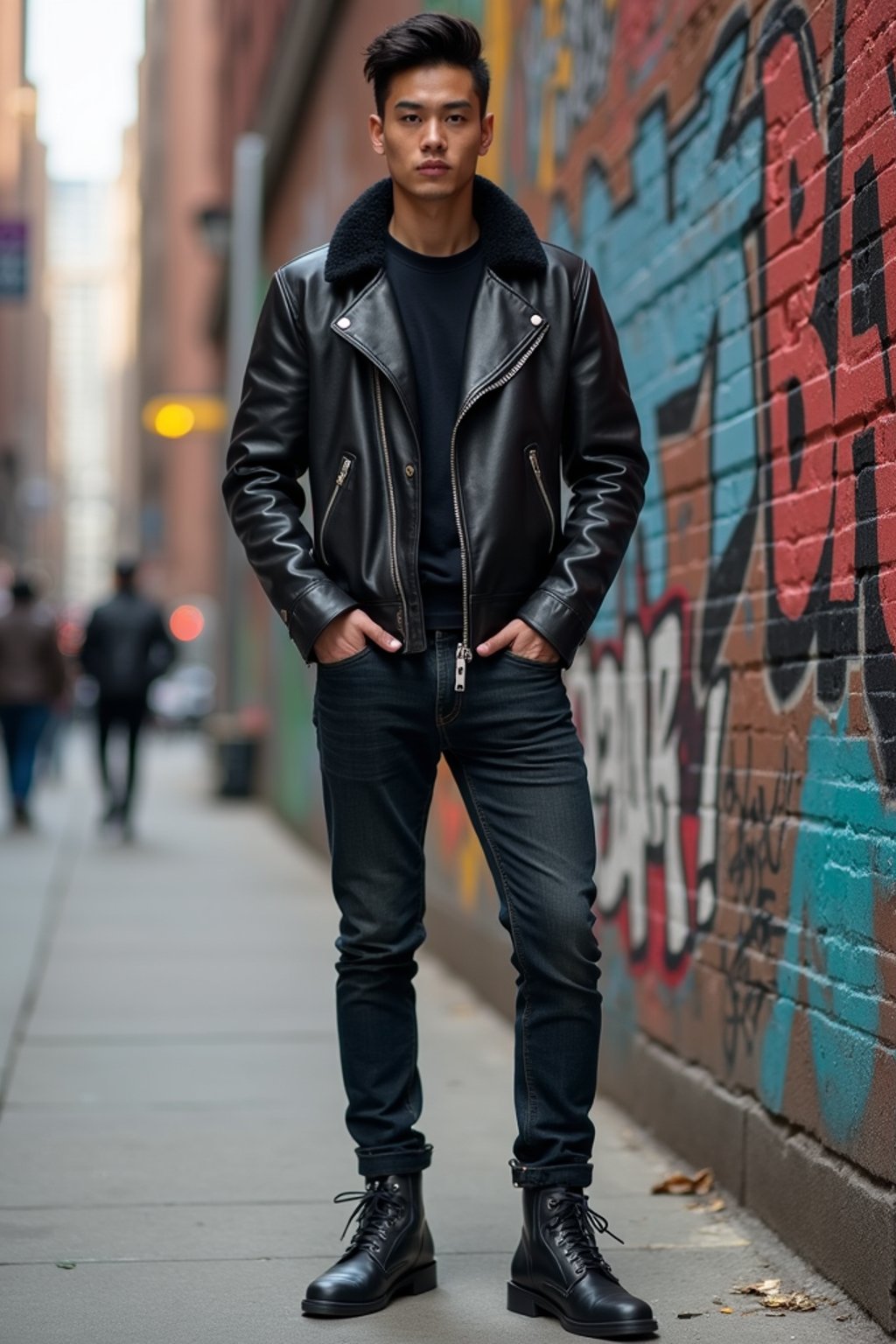 sharp and trendy man in New York City wearing a leather jacket, jeans, and boots with urban graffiti in the background