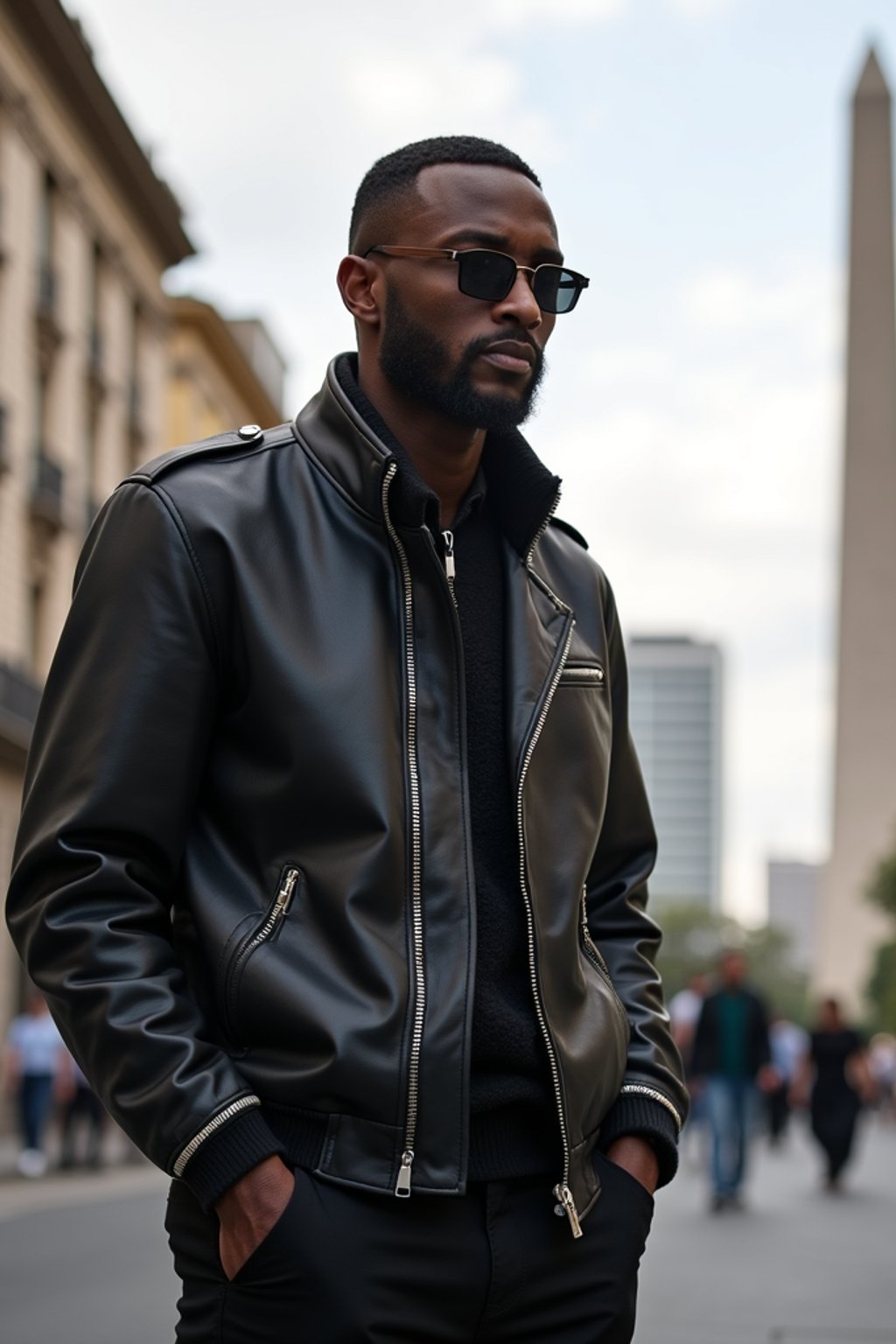 sharp and trendy man in Buenos Aires wearing a modern street style outfit, Obelisco de Buenos Aires in the background