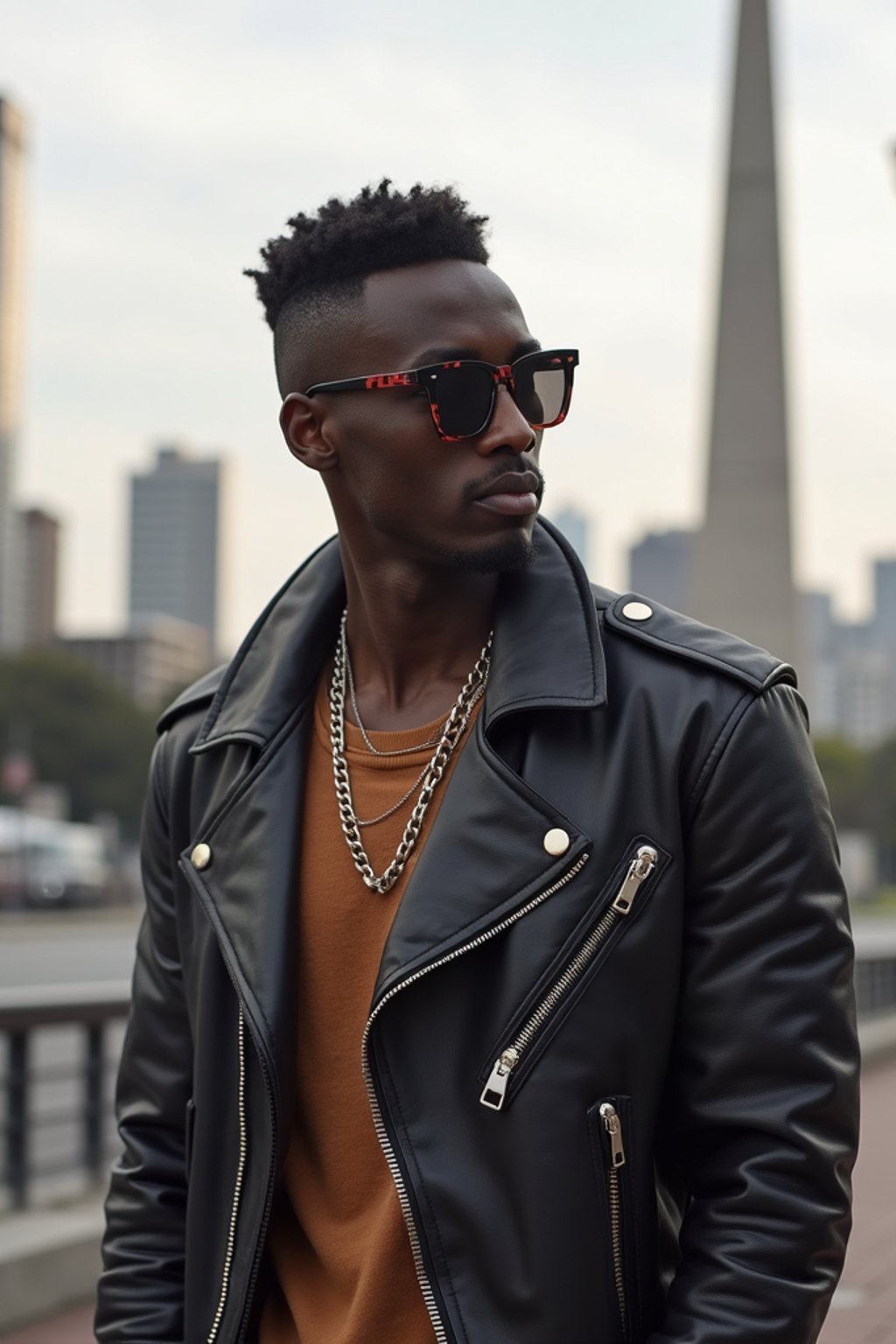 sharp and trendy man in Buenos Aires wearing a modern street style outfit, Obelisco de Buenos Aires in the background