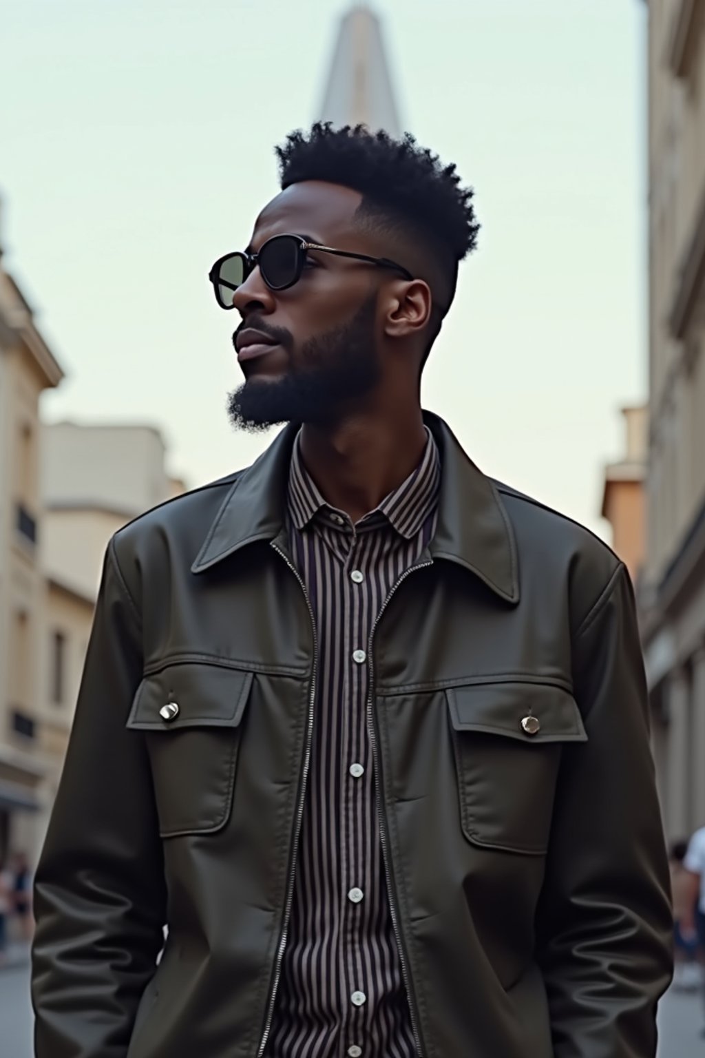 sharp and trendy man in Buenos Aires wearing a modern street style outfit, Obelisco de Buenos Aires in the background