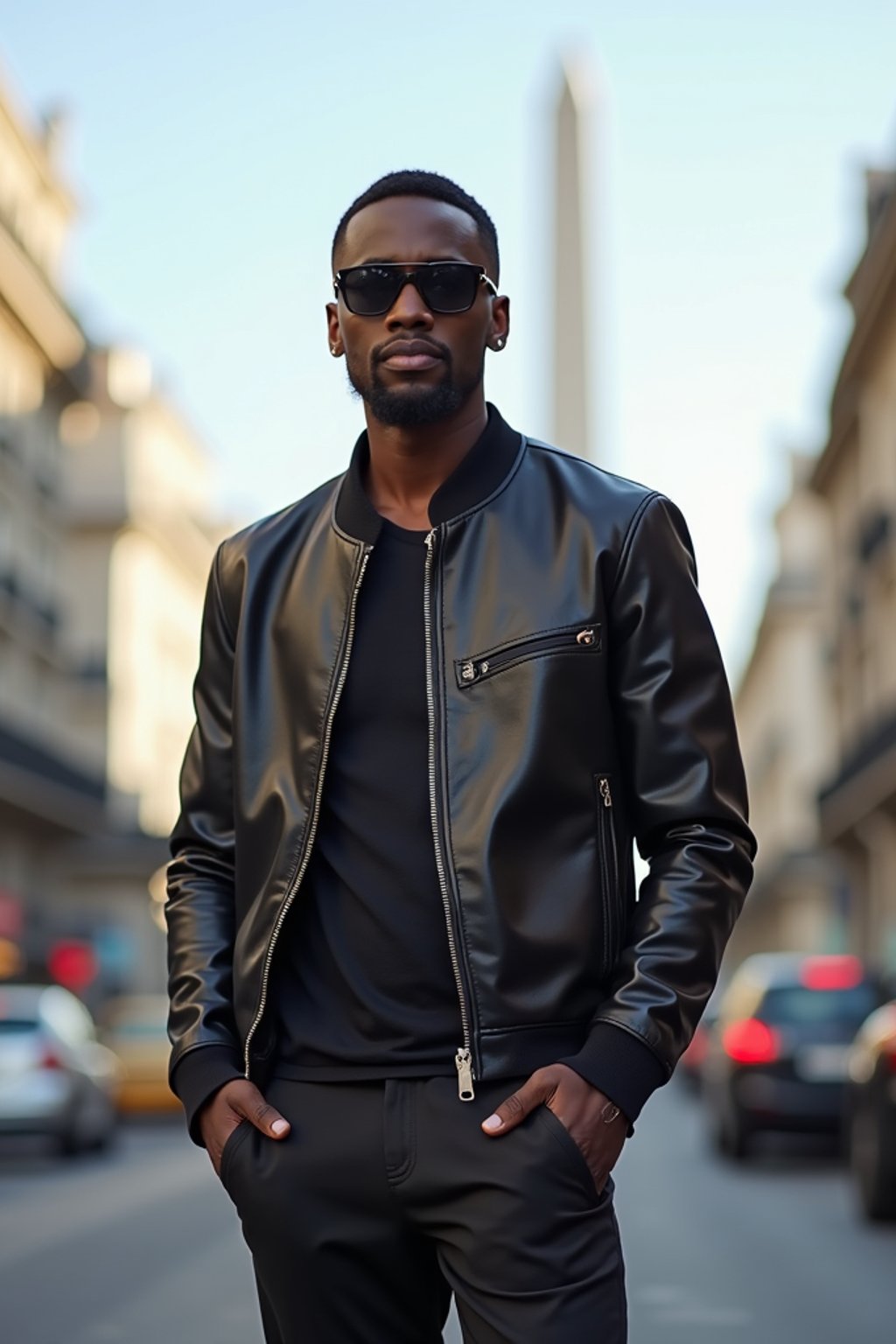 sharp and trendy man in Buenos Aires wearing a modern street style outfit, Obelisco de Buenos Aires in the background