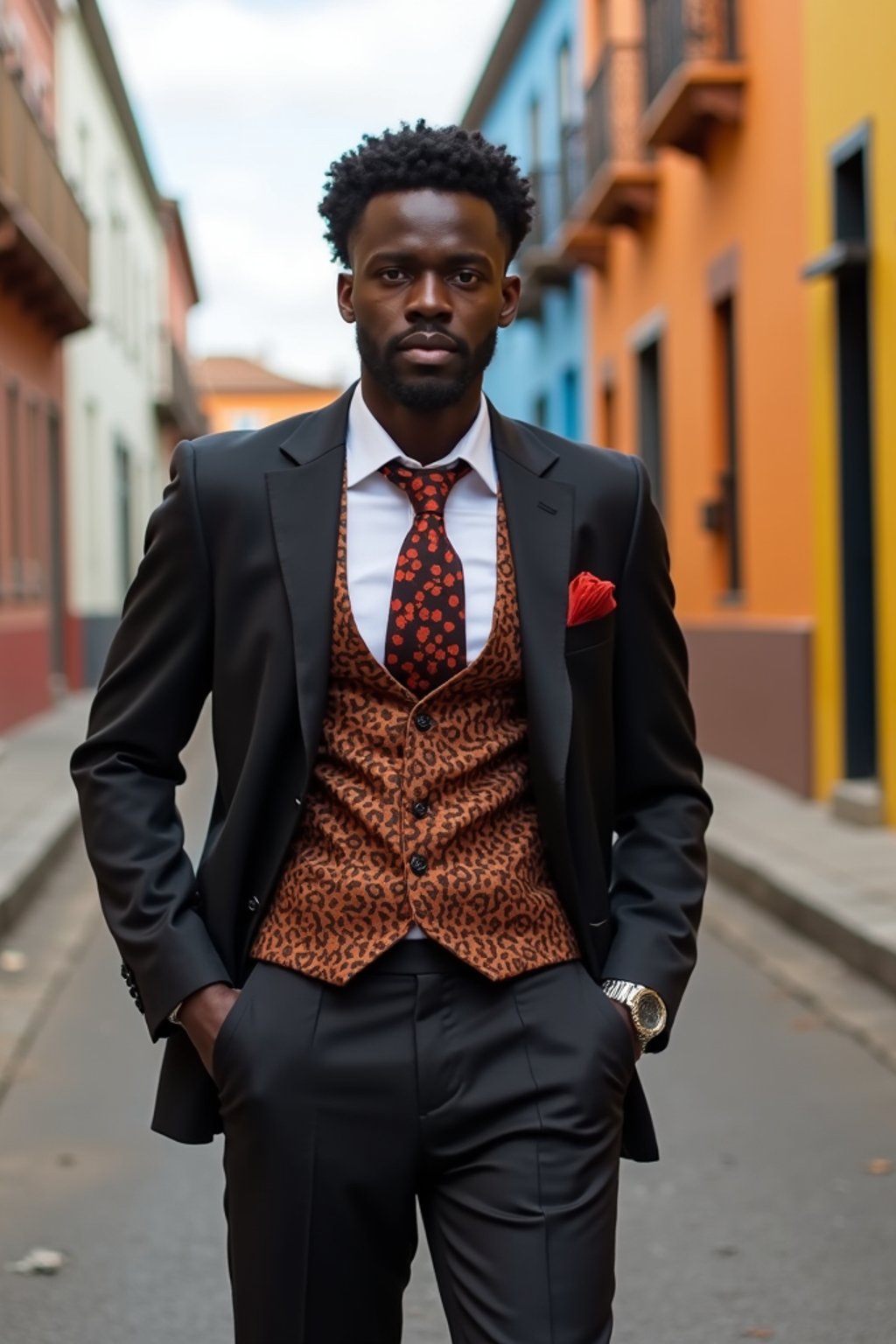 sharp and trendy man in Buenos Aires wearing a tango-inspired dress/suit, colorful houses of La Boca neighborhood in the background