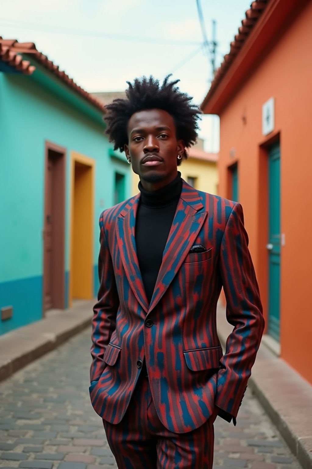 sharp and trendy man in Buenos Aires wearing a tango-inspired dress/suit, colorful houses of La Boca neighborhood in the background