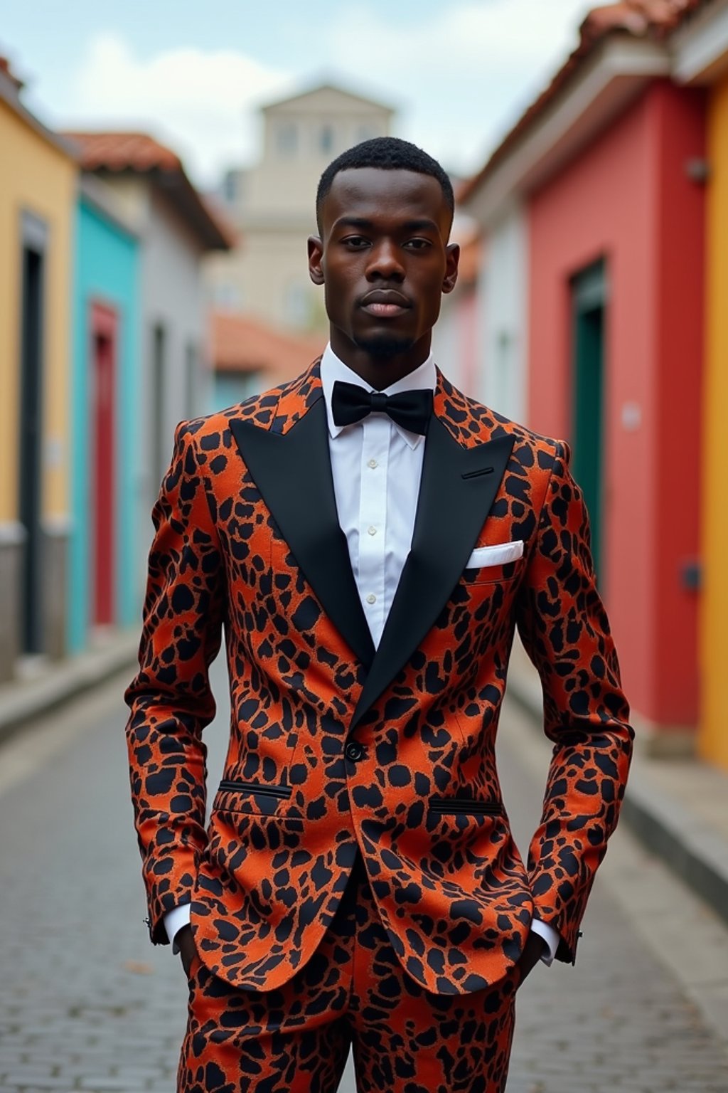 sharp and trendy man in Buenos Aires wearing a tango-inspired dress/suit, colorful houses of La Boca neighborhood in the background