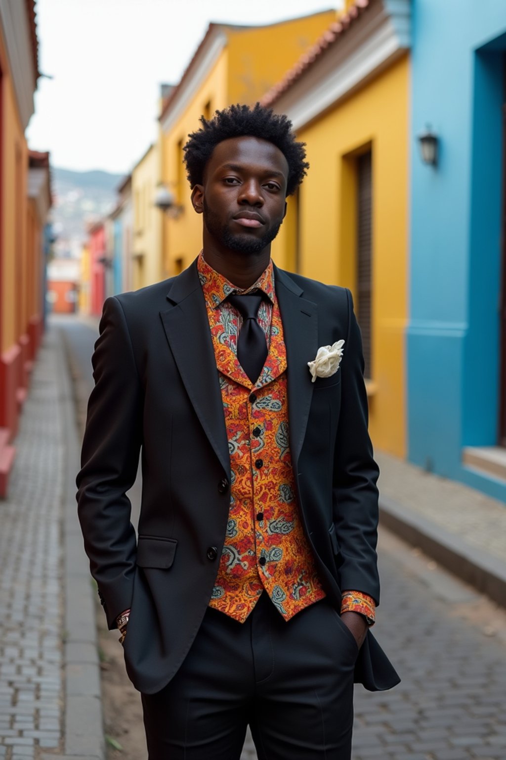 sharp and trendy man in Buenos Aires wearing a tango-inspired dress/suit, colorful houses of La Boca neighborhood in the background