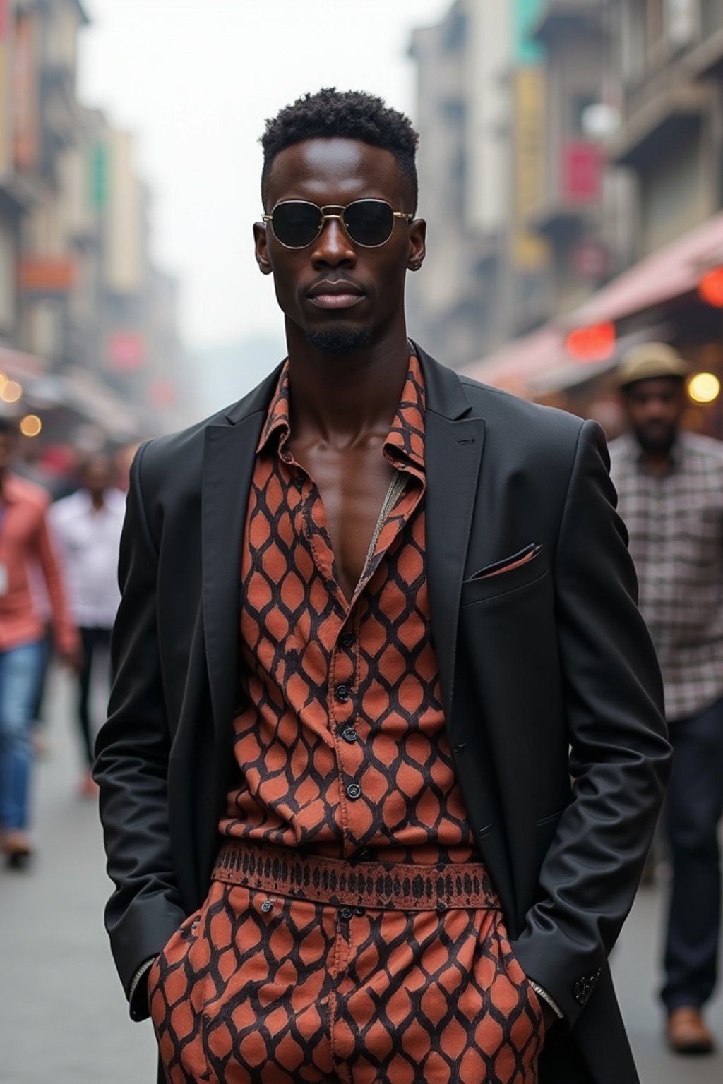 sharp and trendy man in Mumbai wearing a contemporary fusion outfit, bustling streets of Mumbai in the background