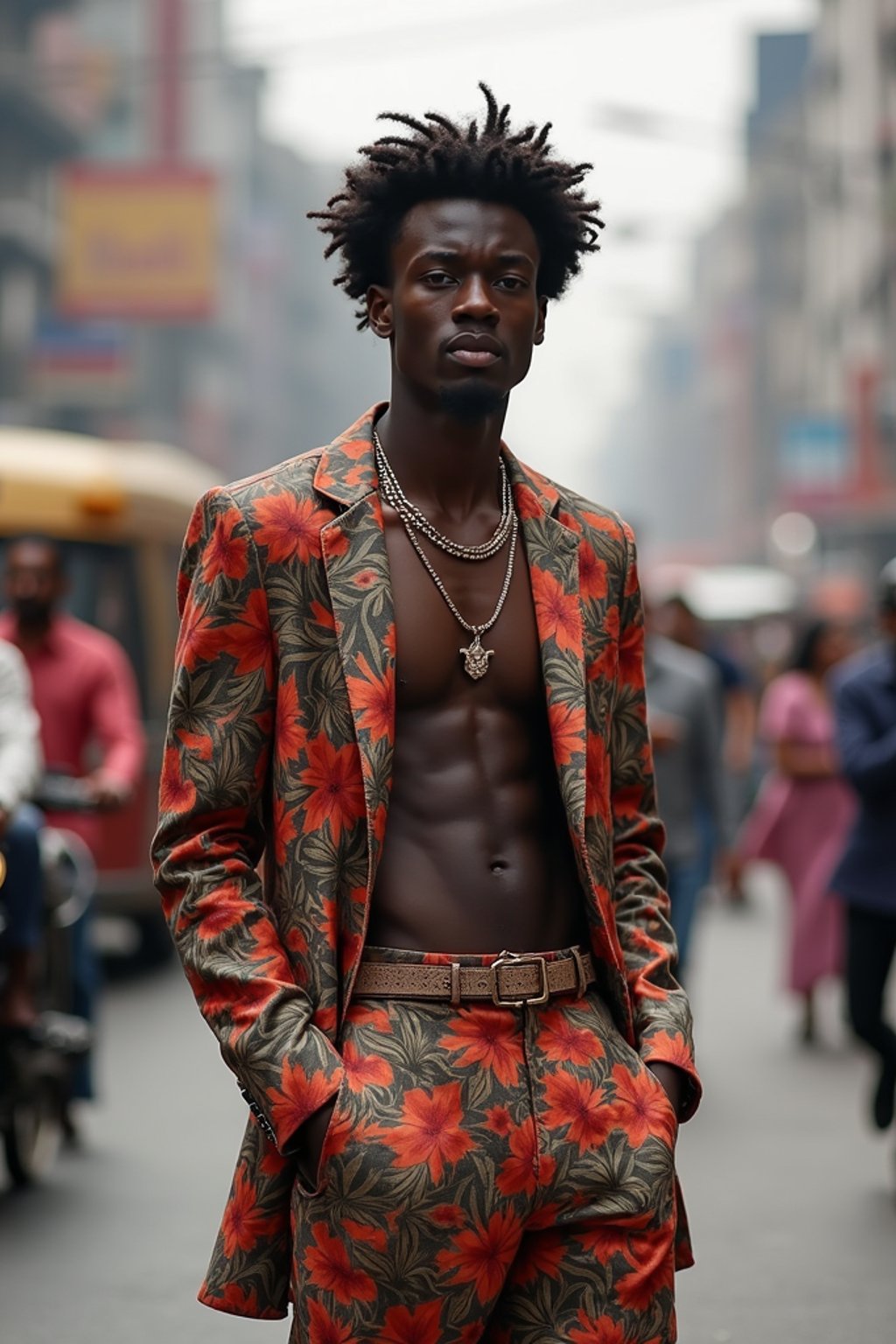 sharp and trendy man in Mumbai wearing a contemporary fusion outfit, bustling streets of Mumbai in the background