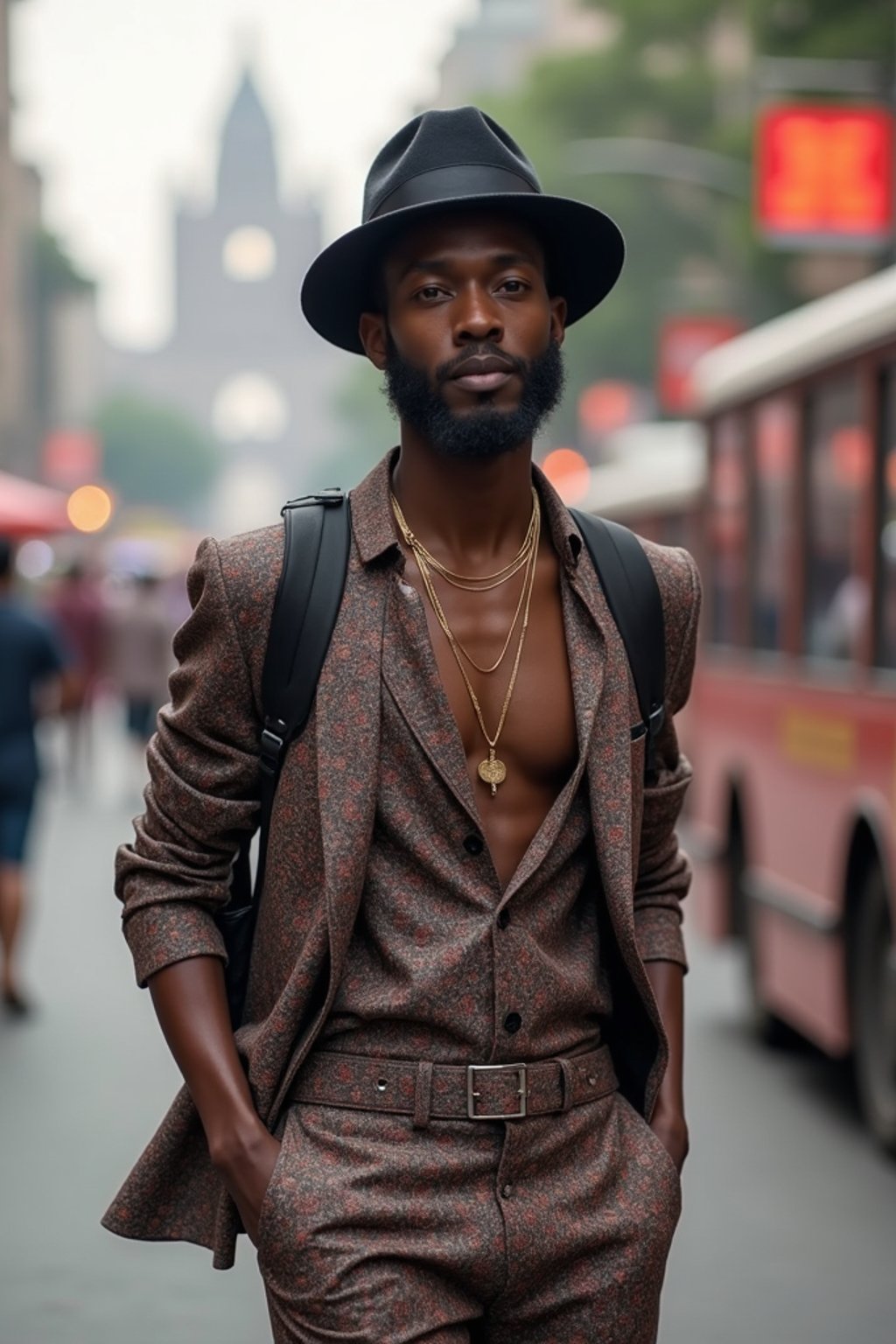 sharp and trendy man in Mumbai wearing a contemporary fusion outfit, bustling streets of Mumbai in the background