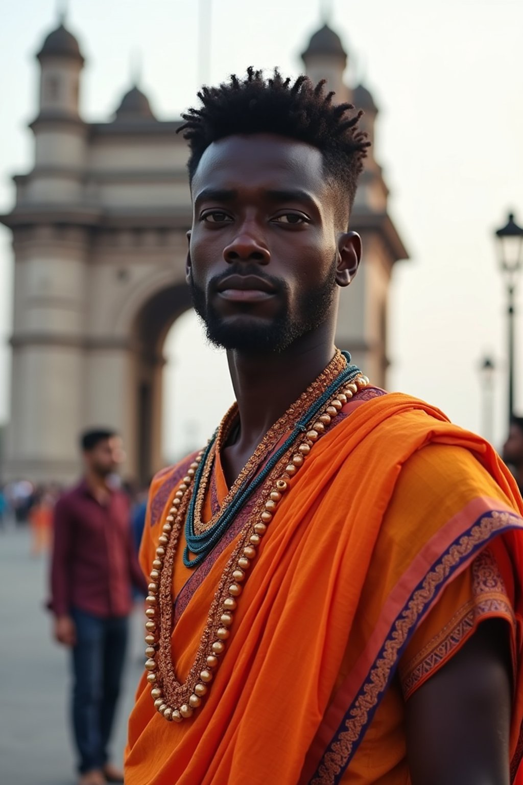 sharp and trendy man in Mumbai wearing a vibrant saree/kurta, Gateway of India in the background