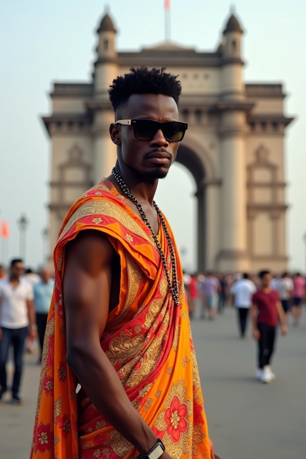 sharp and trendy man in Mumbai wearing a vibrant saree/kurta, Gateway of India in the background