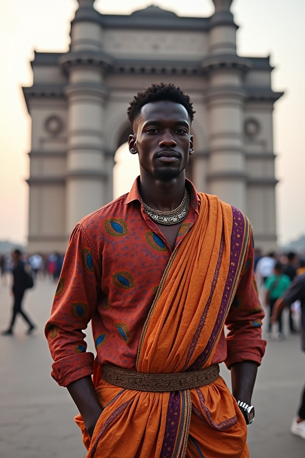 sharp and trendy man in Mumbai wearing a vibrant saree/kurta, Gateway of India in the background