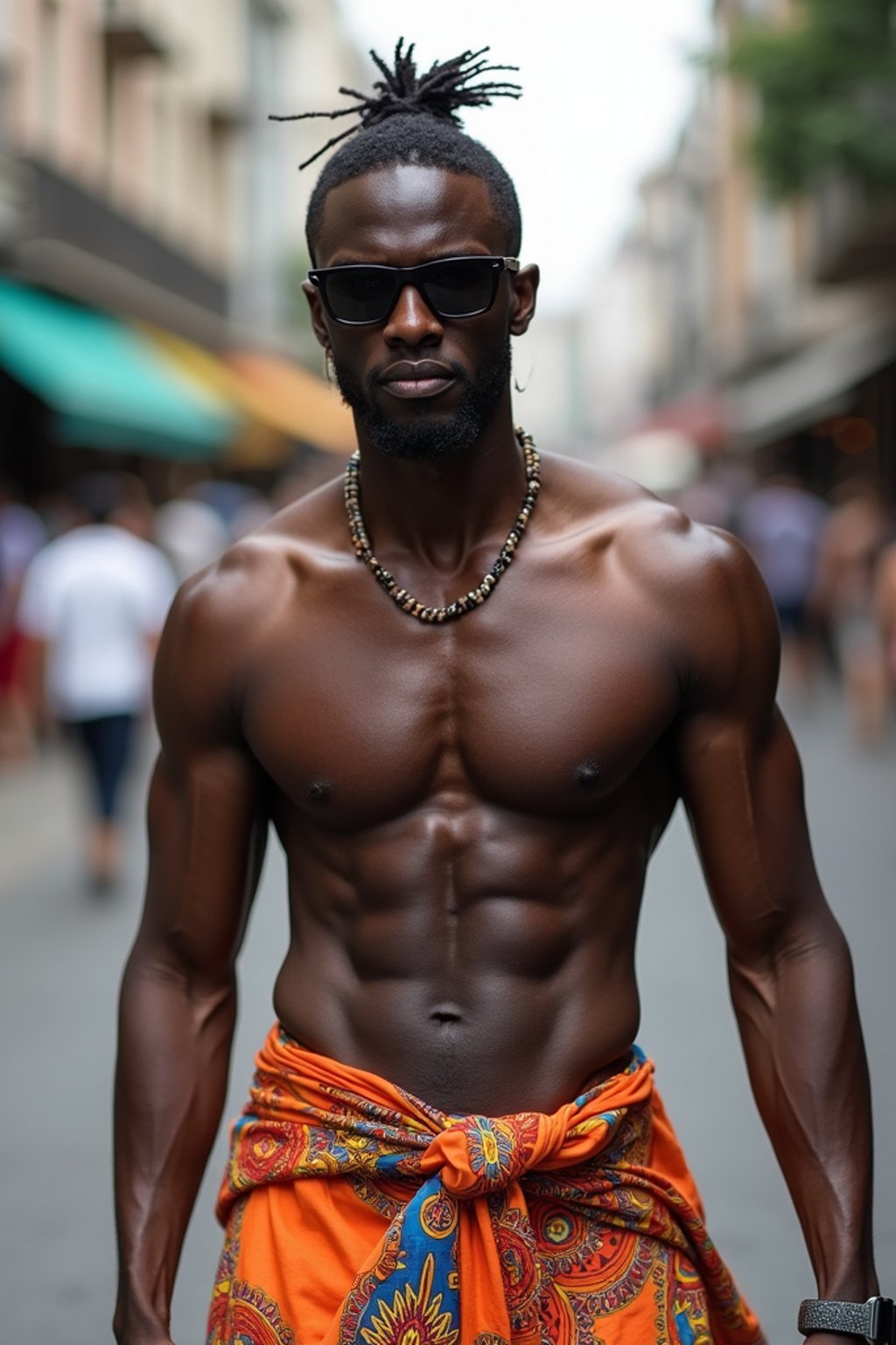 sharp and trendy man in Thailand wearing a vibrant sarong, Bangkok in the background