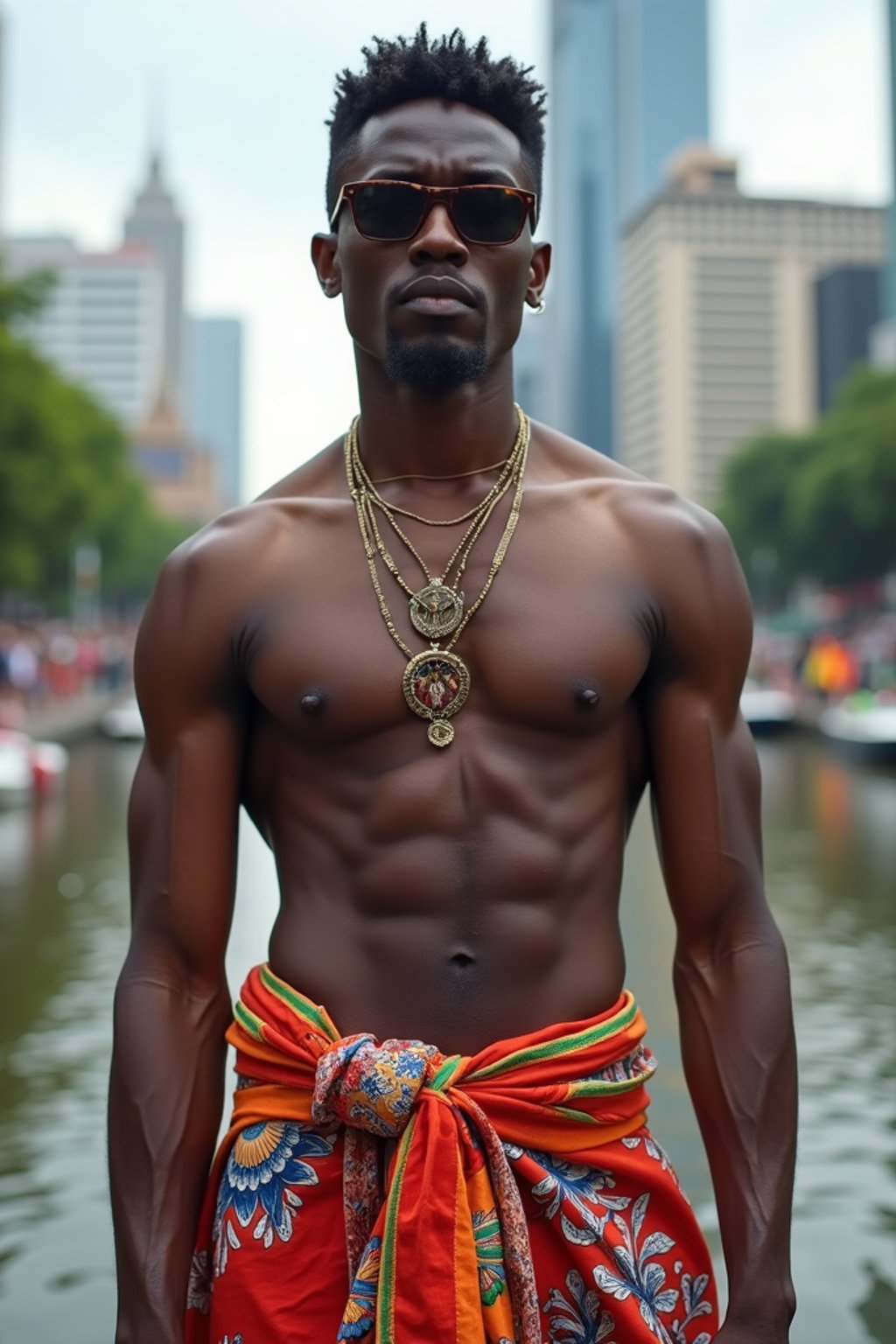 sharp and trendy man in Thailand wearing a vibrant sarong, Bangkok in the background