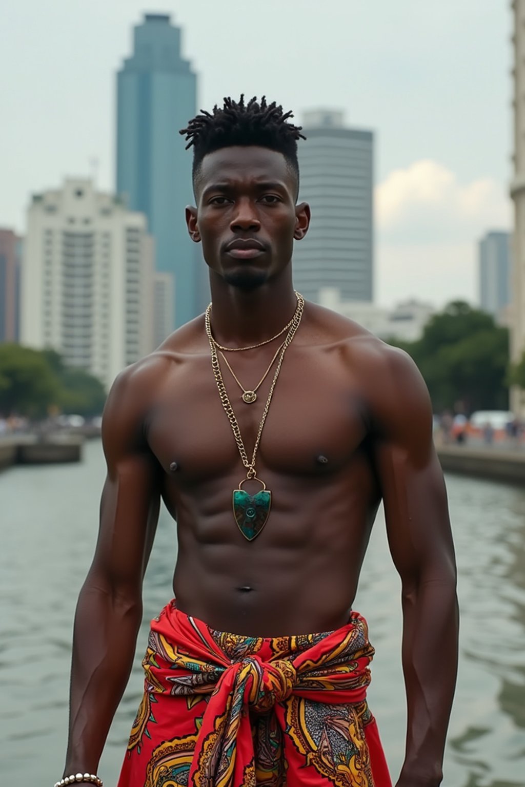 sharp and trendy man in Thailand wearing a vibrant sarong, Bangkok in the background