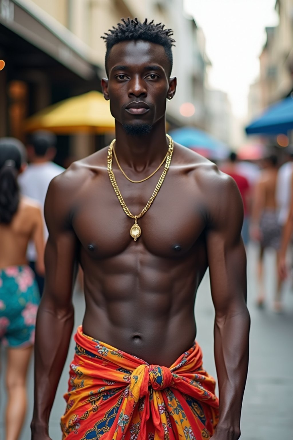 sharp and trendy man in Thailand wearing a vibrant sarong, Bangkok in the background