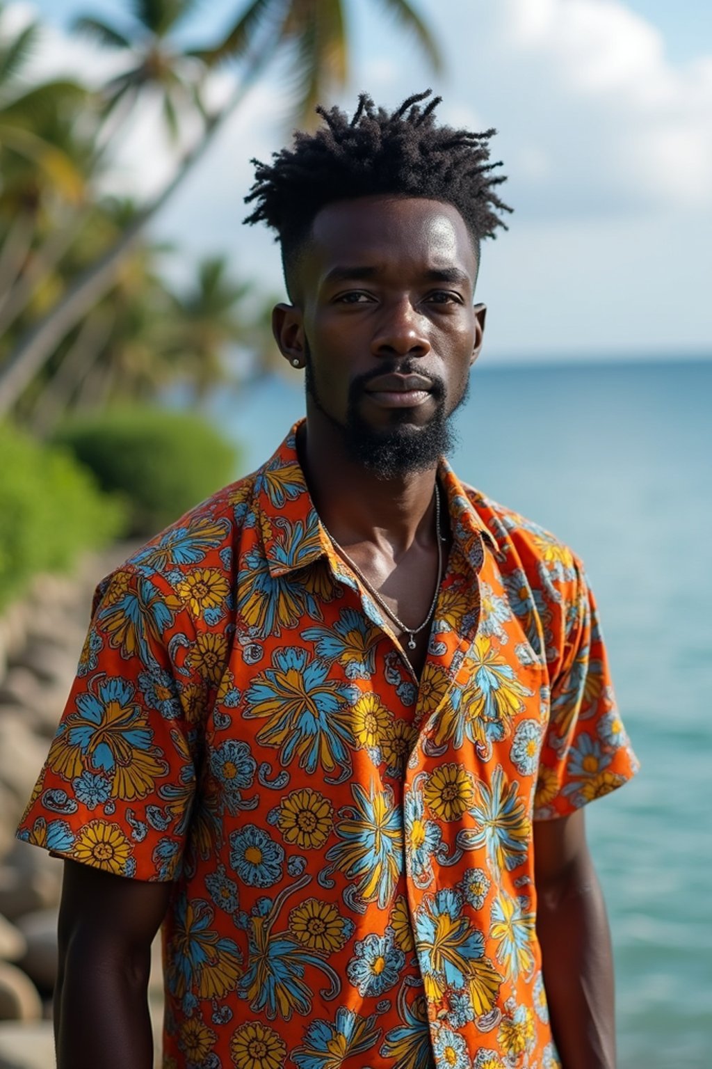 sharp and trendy man in Bali wearing vibrant Batik clothes, Bali, Indonesia in the background