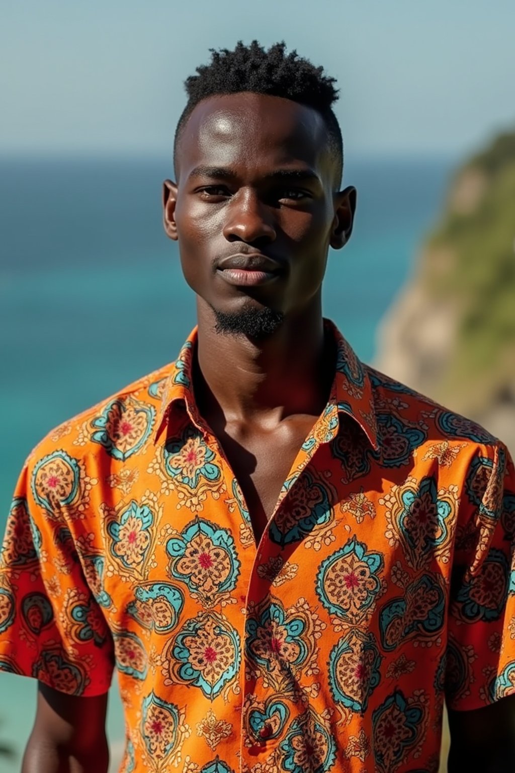 sharp and trendy man in Bali wearing vibrant Batik clothes, Bali, Indonesia in the background