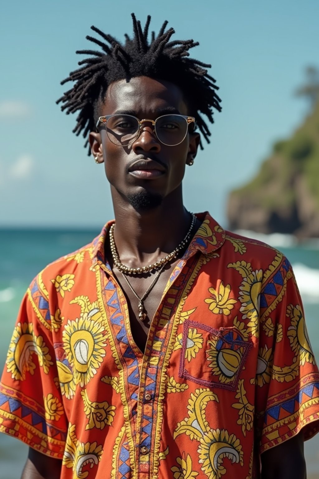 sharp and trendy man in Bali wearing vibrant Batik clothes, Bali, Indonesia in the background