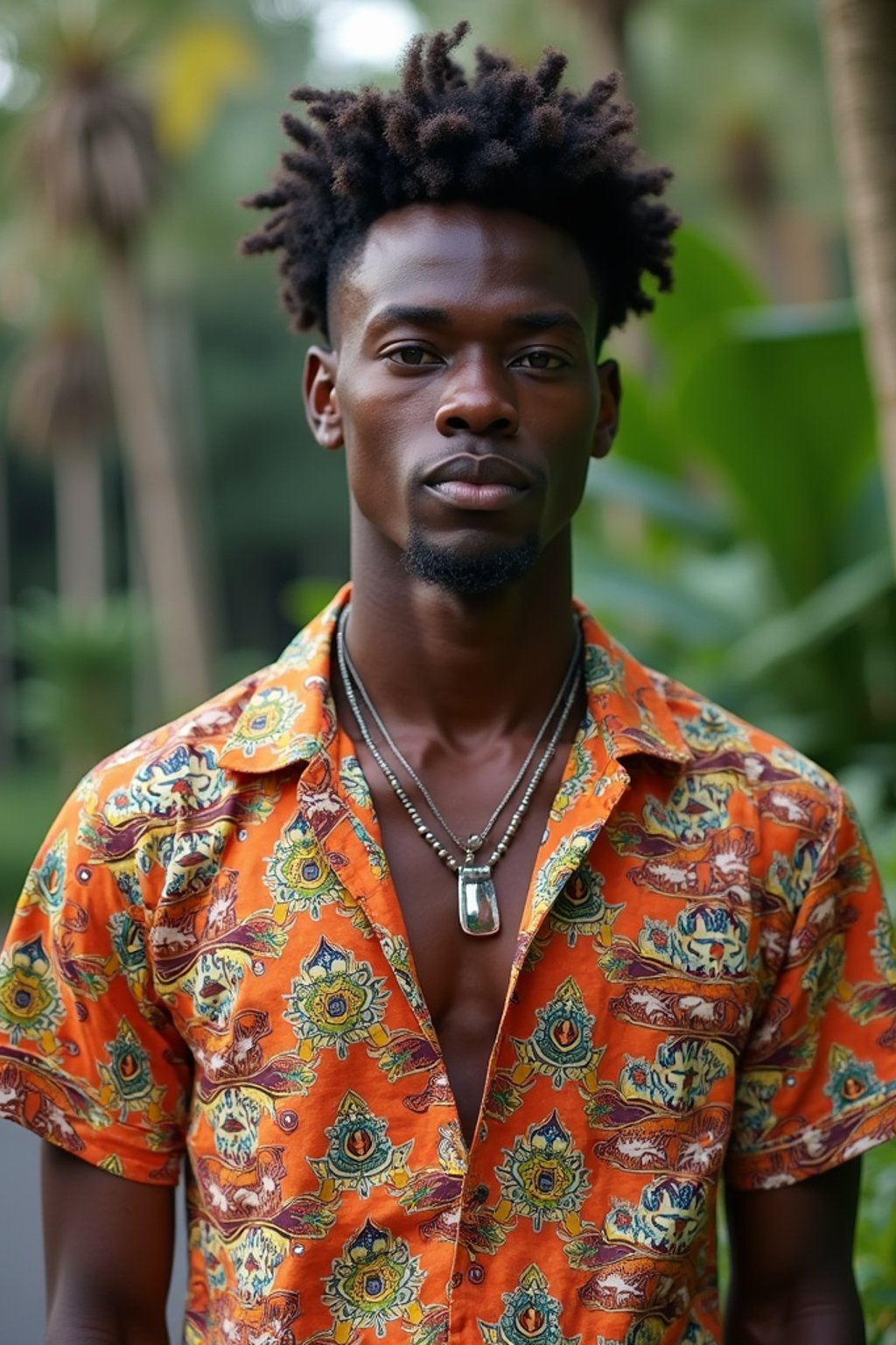 sharp and trendy man in Bali wearing vibrant Batik clothes, Bali, Indonesia in the background