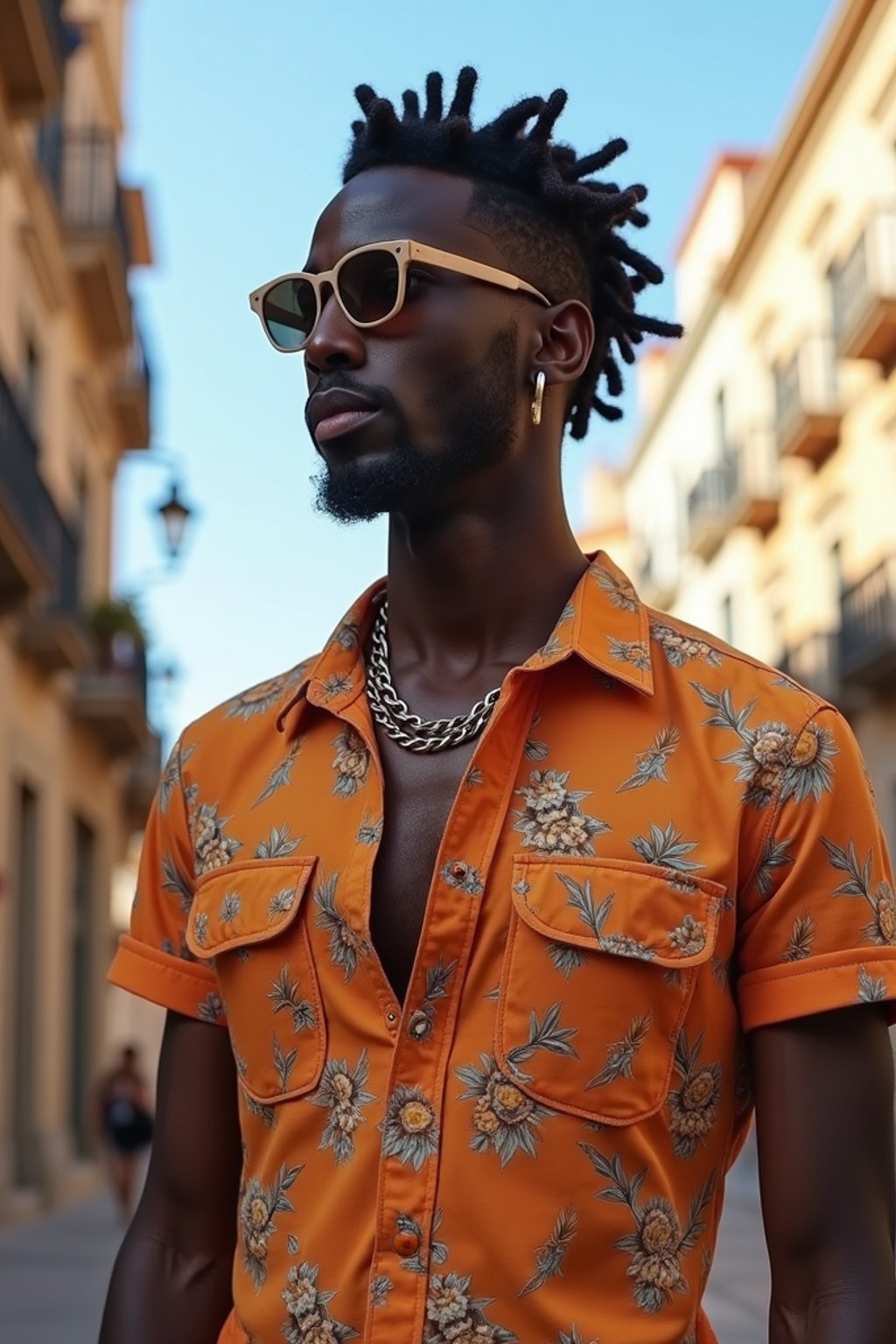 sharp and trendy man in Barcelona wearing a stylish summer outfit, La Sagrada Família in the background