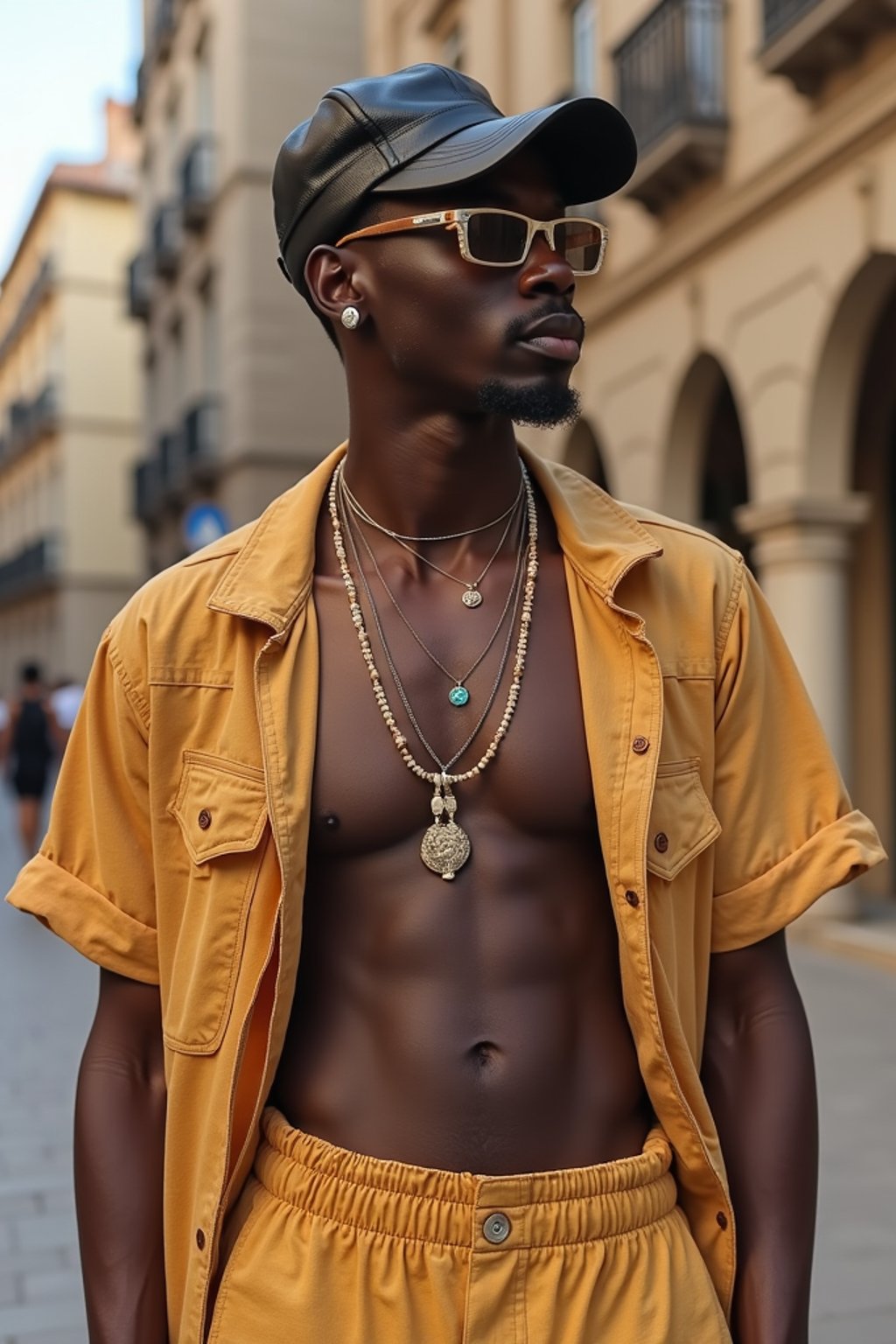 sharp and trendy man in Barcelona wearing a stylish summer outfit, La Sagrada Família in the background