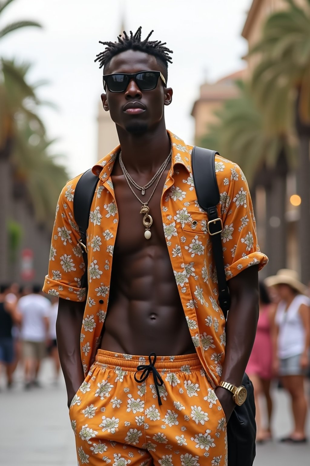 sharp and trendy man in Barcelona wearing a stylish summer outfit, La Sagrada Família in the background