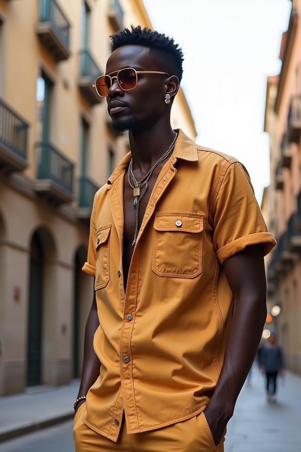 sharp and trendy man in Barcelona wearing a stylish summer outfit, La Sagrada Família in the background