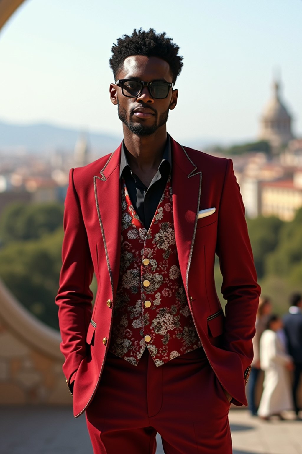 sharp and trendy man in Barcelona wearing a flamenco-inspired dress/suit, Park Güell in the background