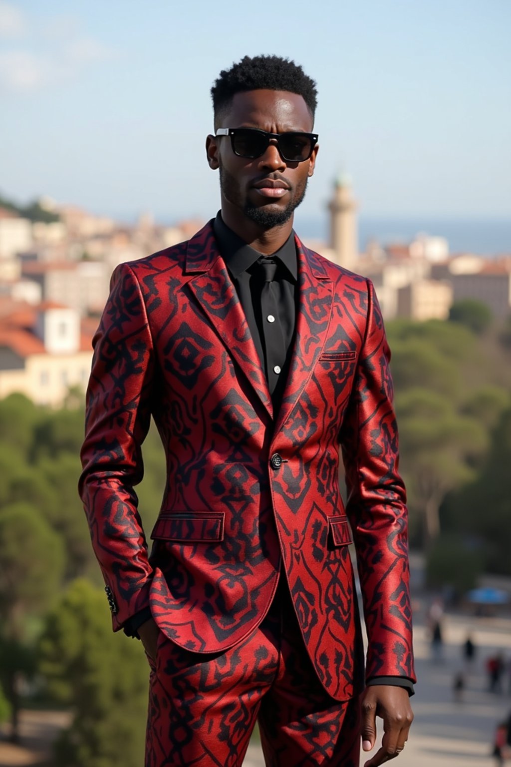 sharp and trendy man in Barcelona wearing a flamenco-inspired dress/suit, Park Güell in the background