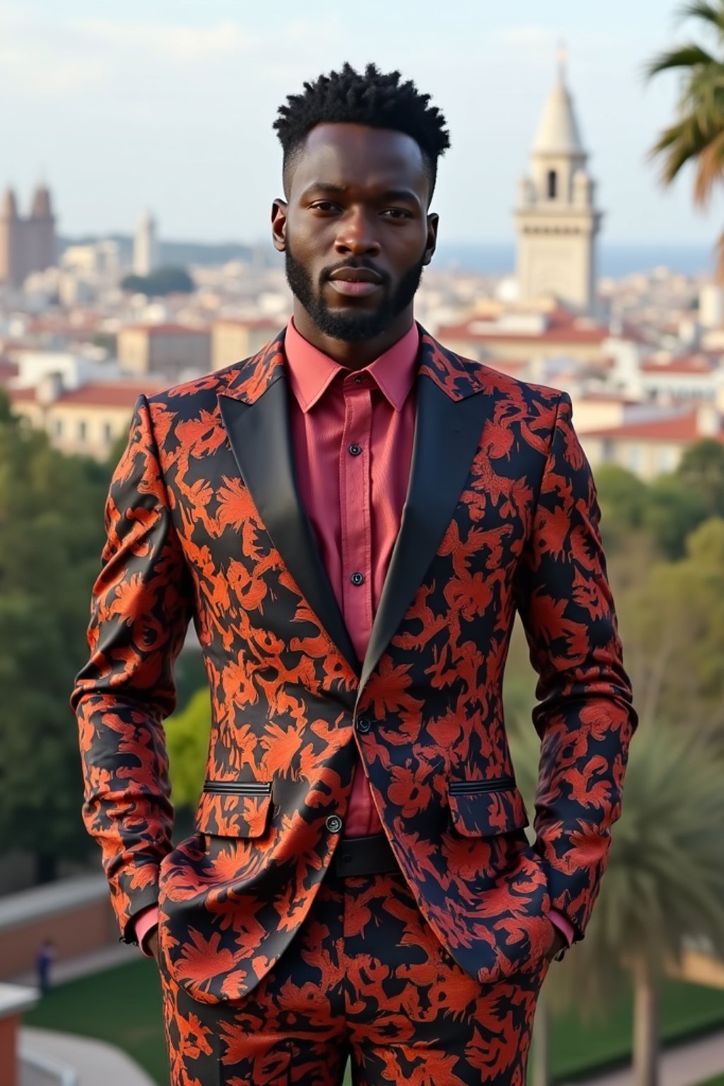 sharp and trendy man in Barcelona wearing a flamenco-inspired dress/suit, Park Güell in the background